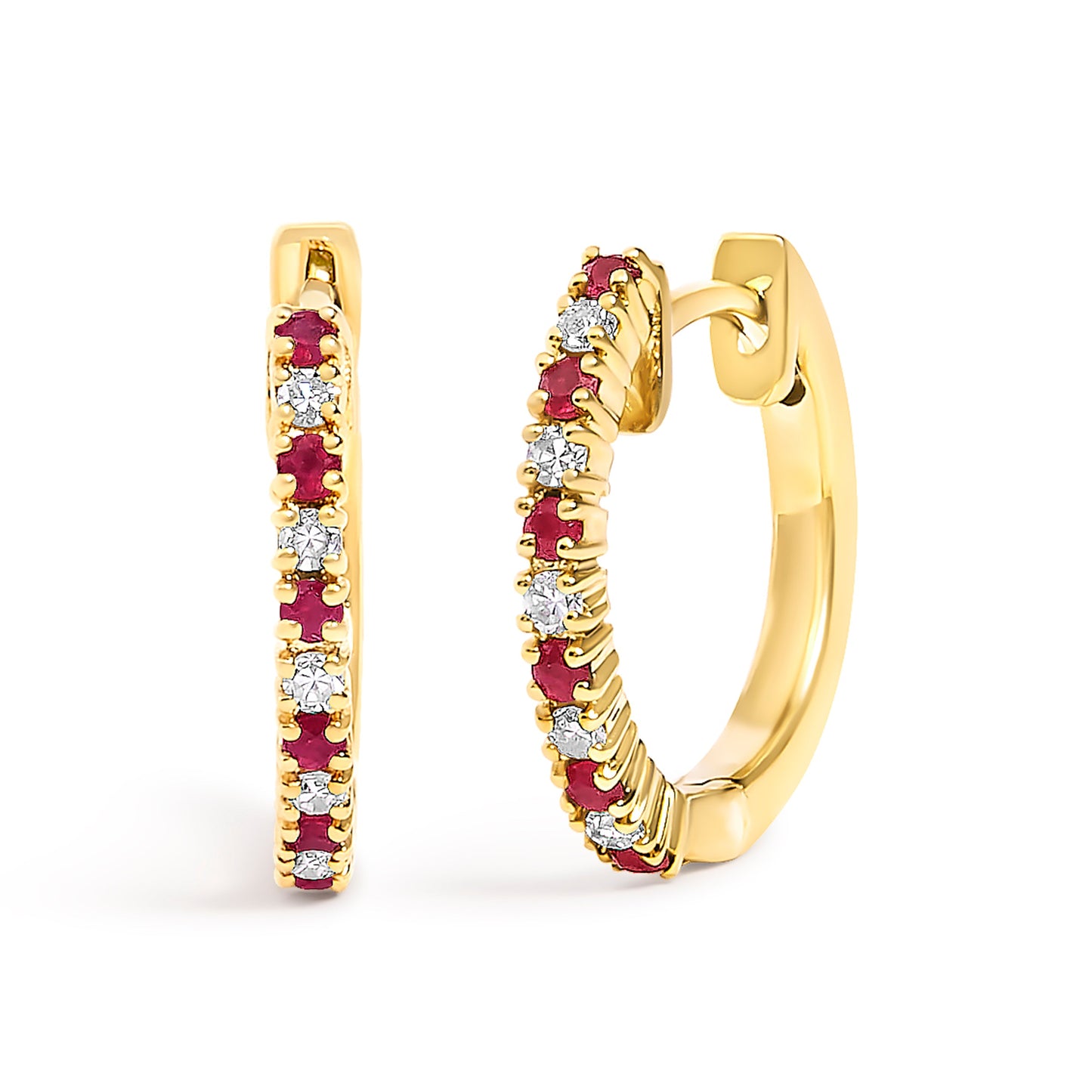 10K White Gold Alternating Diamond and Red Ruby Huggy Hoop Earrings (I-J Color, I1-I2 Clarity)