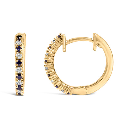 10K Yellow Gold Alternating Blue Sapphire 1/10 Cttw Diamond Huggy Hoop Earrings  (I-J Color, I1-I2 Clarity)