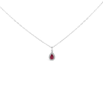 14K White Gold 6x4 Pear Red Ruby and Diamond Halo Pendant Necklace - 18" Inches