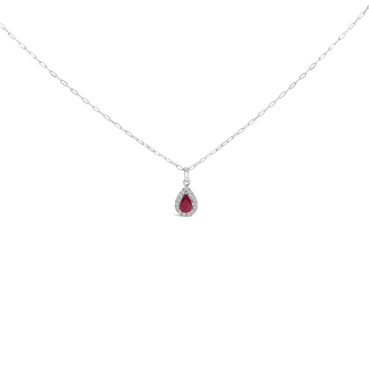 Collier pendentif halo poire rubis rouge et diamant en or blanc 14 carats 6x4 - 18 pouces