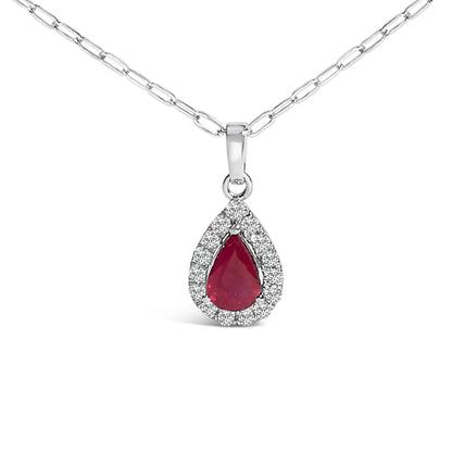 14K White Gold 6x4 Pear Red Ruby and Diamond Halo Pendant Necklace - 18" Inches