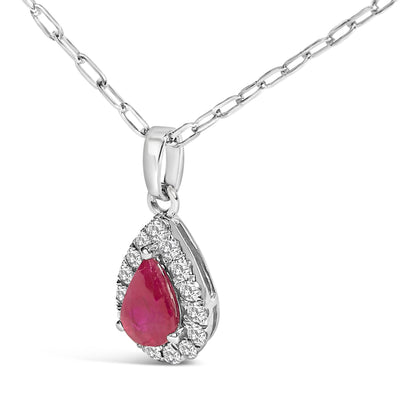 14K White Gold 6x4 Pear Red Ruby and Diamond Halo Pendant Necklace - 18" Inches