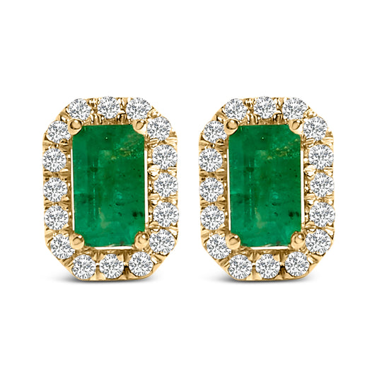 Boucles d'oreilles clous octogonales en or jaune 14 carats avec émeraude verte et diamants (0,125 carat au total, couleur I-J, clarté I1-I2)