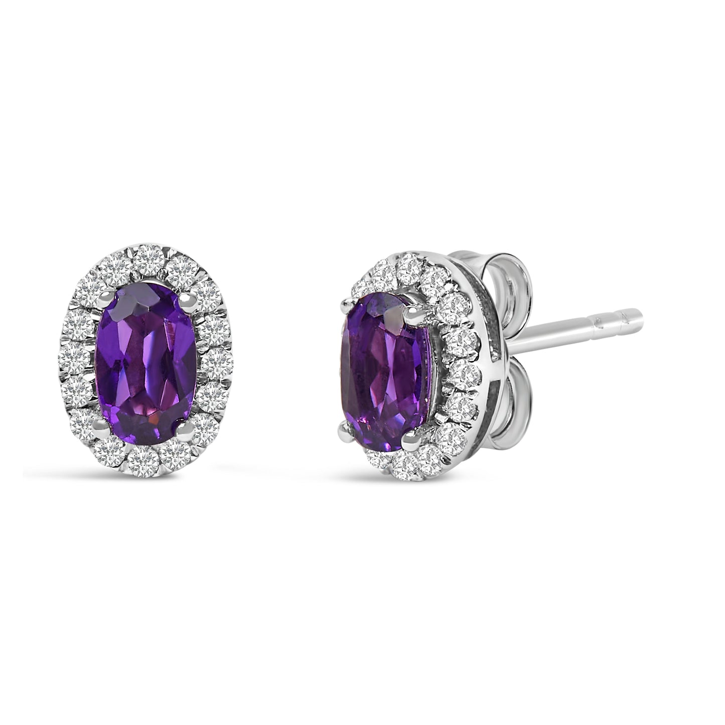 10K White Gold 5x3 MM Oval Purple Amethyst and Diamond Halo Stud Earrings (I-J Color, I1-I2 Clarity)