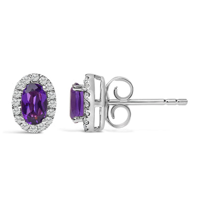 10K White Gold 5x3 MM Oval Purple Amethyst and Diamond Halo Stud Earrings (I-J Color, I1-I2 Clarity)