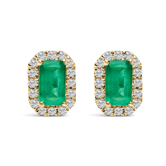 Boucles d'oreilles clous octogonales en or jaune 10K, émeraude verte taille émeraude 5x3mm et halo de diamants 1/7 Cttw (couleur I-J, pureté I1-I2)