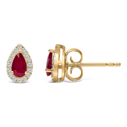10K Yellow Gold 5X3 MM Pear-Cut Ruby and 1/7 Cttw Diamond Halo Stud Earrings (I-J Color, I1-I2 Clarity)