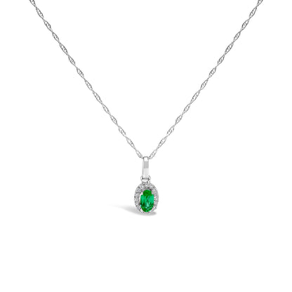10K White Gold 5x3mm Green Emerald and Diamond Accent Halo Oval Shape 18" Pendant Necklace (I-J Color, I1-I2 Clarity)