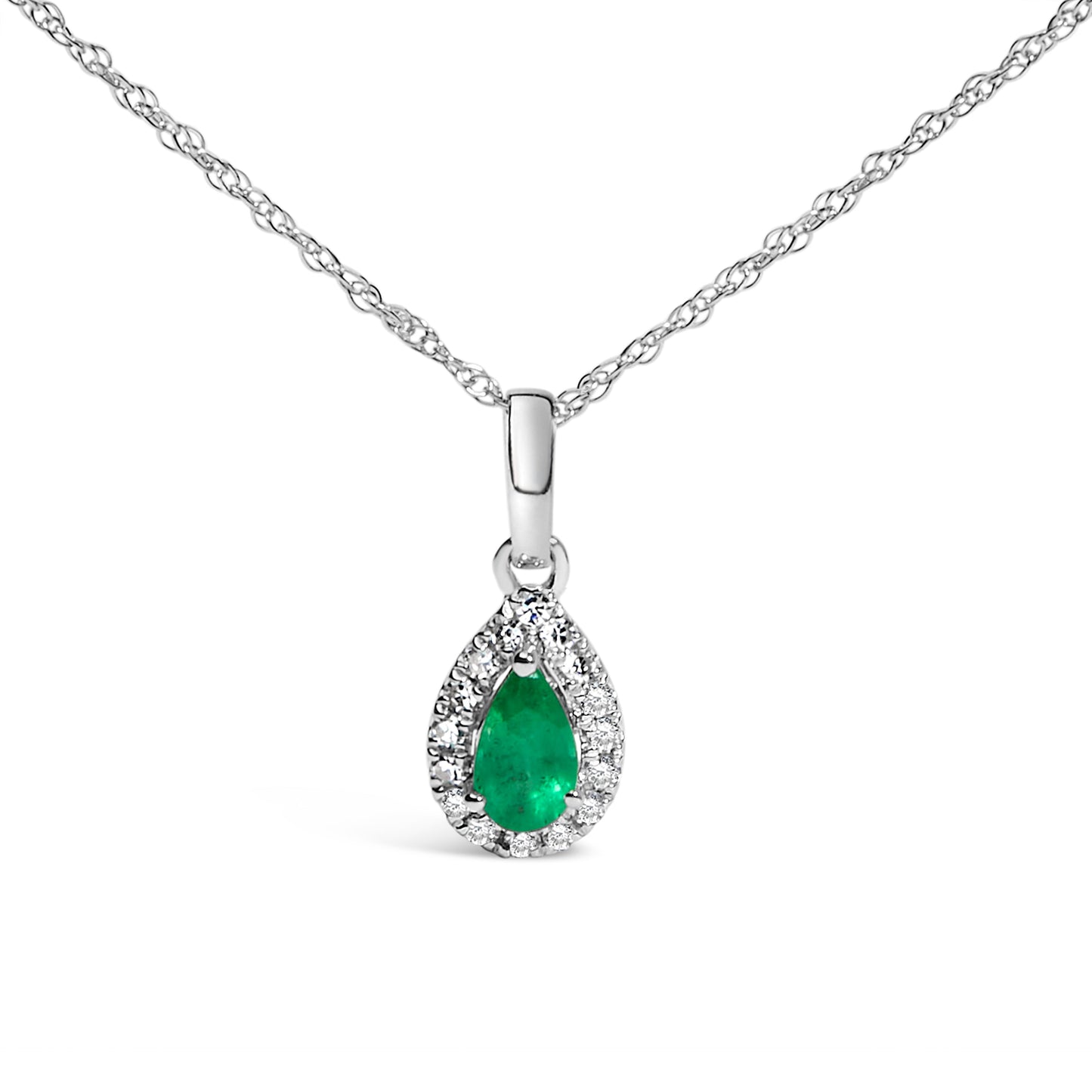 10K White Gold 5x3mm Green Emerald and Diamond Accent Halo Pear Shape 18" Pendant Necklace (I-J Color, I1-I2 Clarity)
