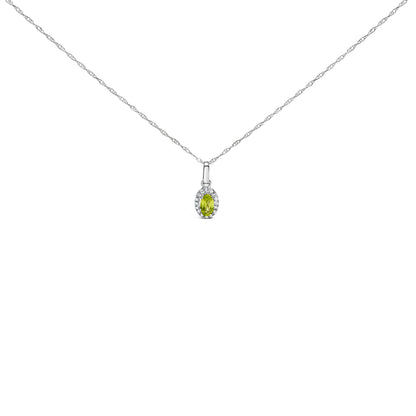 10K White Gold 5x3mm Green Emerald and Diamond Accent Halo Oval Shape 18" Pendant Necklace (I-J Color, I1-I2 Clarity)