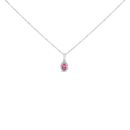 10K White Gold 5x3mm Green Emerald and Diamond Accent Halo Oval Shape 18" Pendant Necklace (I-J Color, I1-I2 Clarity)