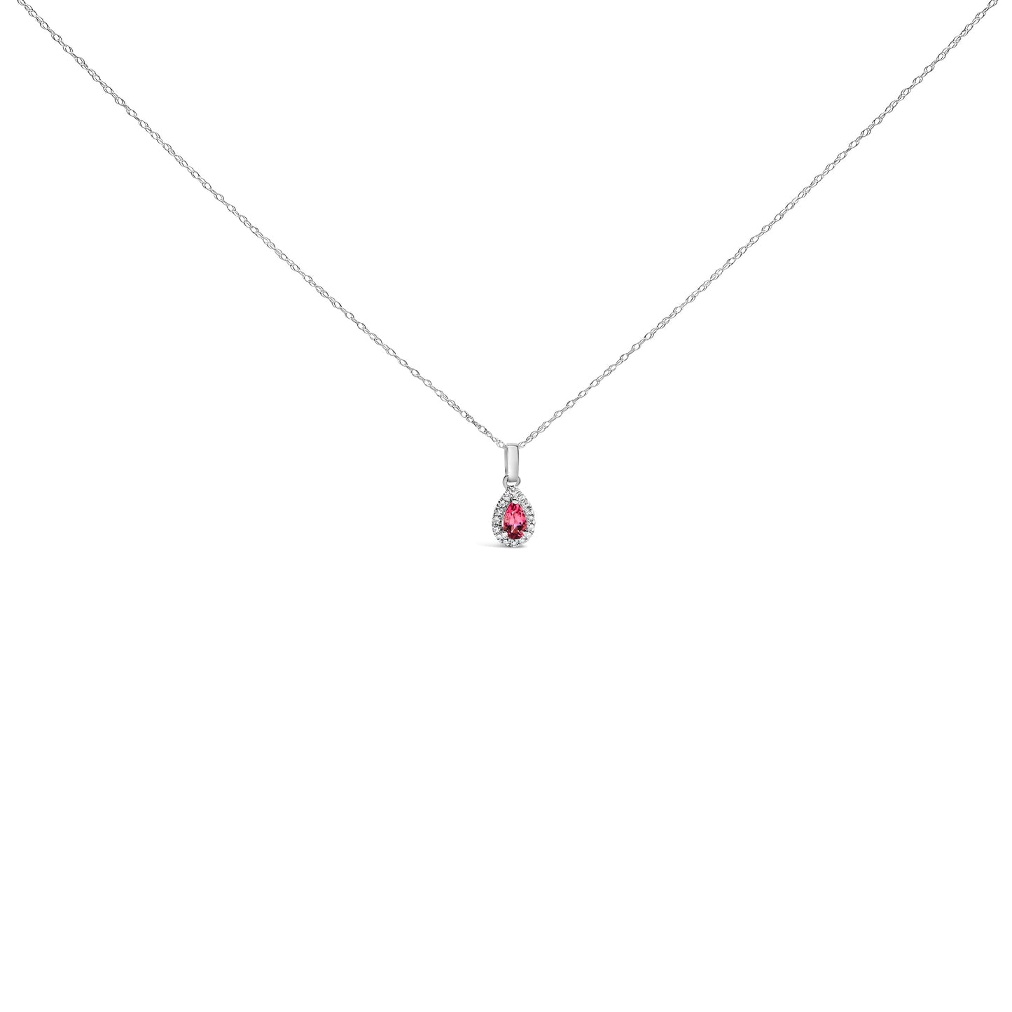 10K White Gold 5x3mm Green Emerald and Diamond Accent Halo Pear Shape 18" Pendant Necklace (I-J Color, I1-I2 Clarity)