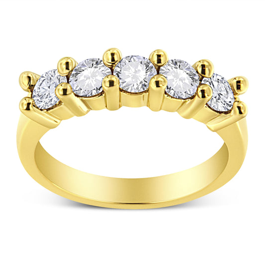 Bague 5 pierres en argent sterling .925 plaqué or jaune 14K, diamant rond 1,0 Cttw serti à griffes communes (couleur J-K, pureté I1-I2) - Taille 7