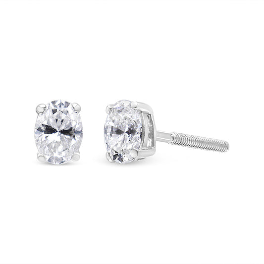 Puces d'oreilles solitaires ovales en or blanc 14K, diamant de laboratoire 1,00 carat total (couleur F-G, pureté VS2-SI1)