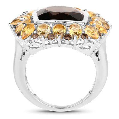 9.16 Carat Genuine Smoky Quartz & Citrine .925 Sterling Silver Ring
