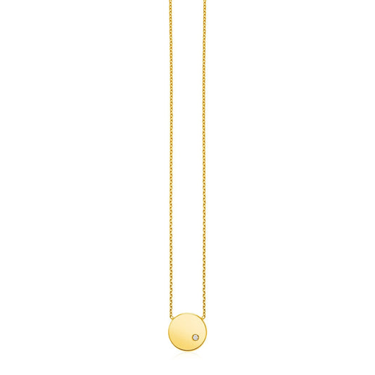 Collier en or jaune 14 carats avec pendentif rond poli et diamant