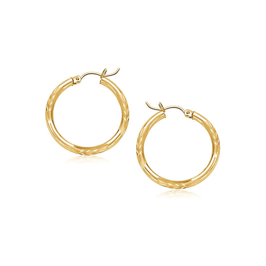 Boucles d'oreilles créoles fines et élégantes en or jaune 14 carats taillées diamant (15 mm de diamètre)