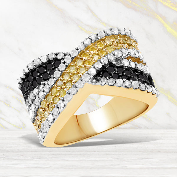 14K Yellow Gold Plated 1.58 Carat Genuine Black Diamond, White Diamond & Yellow Diamond .925 Sterling Silver Ring