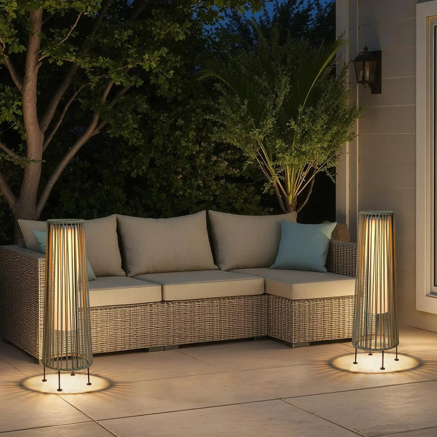 2 Piece Solar Powered Lantern Wicker Solar Patio Lamp Grey