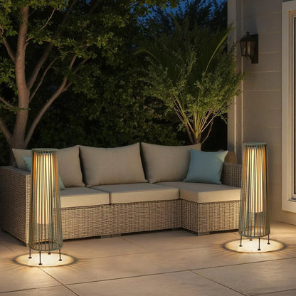 2 Piece Solar Powered Lantern Wicker Solar Patio Lamp Grey
