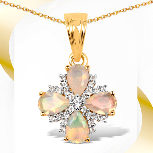 Pendentif en argent sterling 925 plaqué or jaune 14 carats avec opale éthiopienne véritable de 1,19 carat et topaze blanche