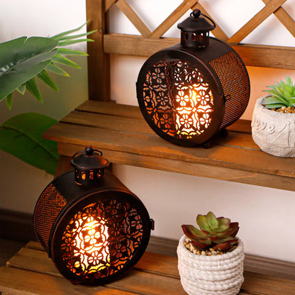 Set of 2 Round Vintage Metal Candle Lanterns 7.5" H