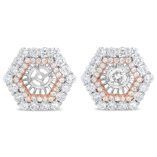 Veste de boucles d'oreilles double halo en or rose et blanc 14 carats avec diamants ronds de 1,87 carat (CTTW) pour clous ronds de 6 mm (couleur G-H, pureté VS2-SI1)