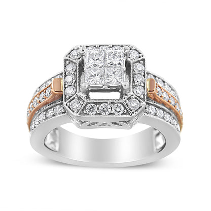 14K White and Rose Gold 1 1/8 Cttw Princess and Round-Cut Diamond Art Deco Style Triple Shank Halo Cocktail Ring (I-J Color, SI2-I1 Clarity) - Size 7