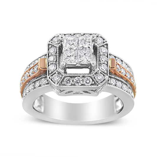 Bague cocktail triple anneau auréolé style Art déco en or blanc et rose 14 carats, diamants taille princesse et ronds 1,125 carat (couleur I-J, clarté SI2-I1) - Taille 7