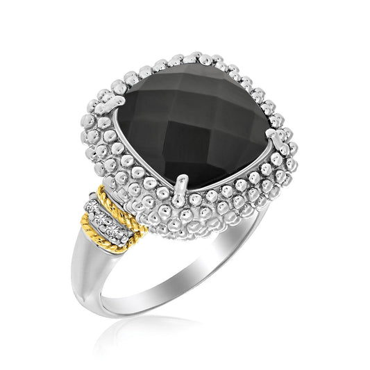 Bague coussin Popcorn en or jaune 18 carats et argent sterling, onyx noir et diamants