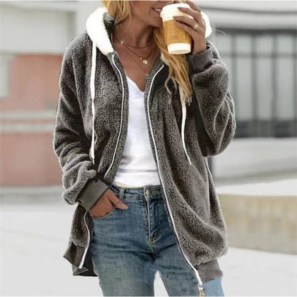 2026 Amazon Hot Selling New Autumn And Winter Loose Plush Zipper Hooded Jacket For Women, Fashionable And Versatile