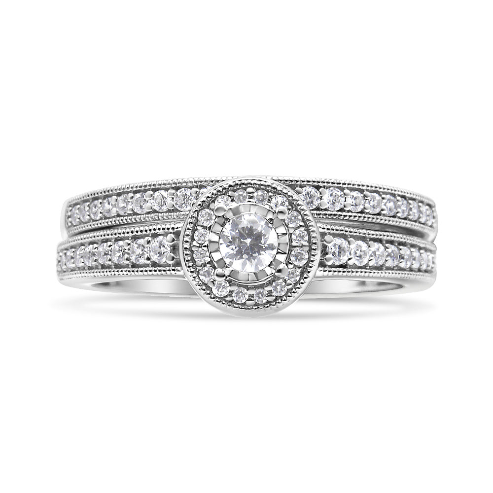 .925 Sterling Silver 1/2 Ctw Diamond Halo and Milgrain Engagement Ring Bridal Set (I-J Color, I3 Clarity) - Ring Size 7