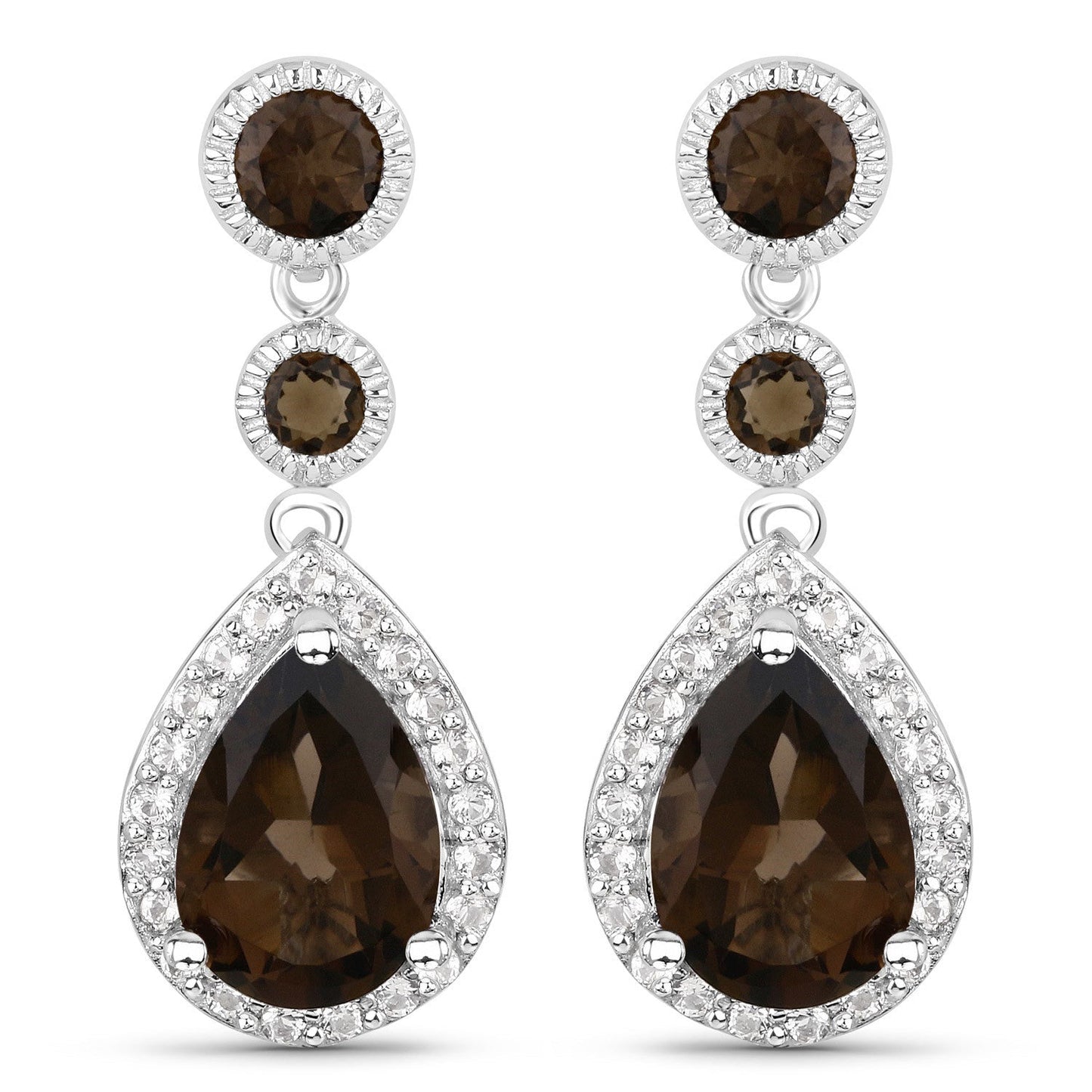 7.34 Carat Genuine Smoky Quartz and White Topaz .925 Sterling Silver Earrings