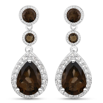 7.34 Carat Genuine Smoky Quartz and White Topaz .925 Sterling Silver Earrings