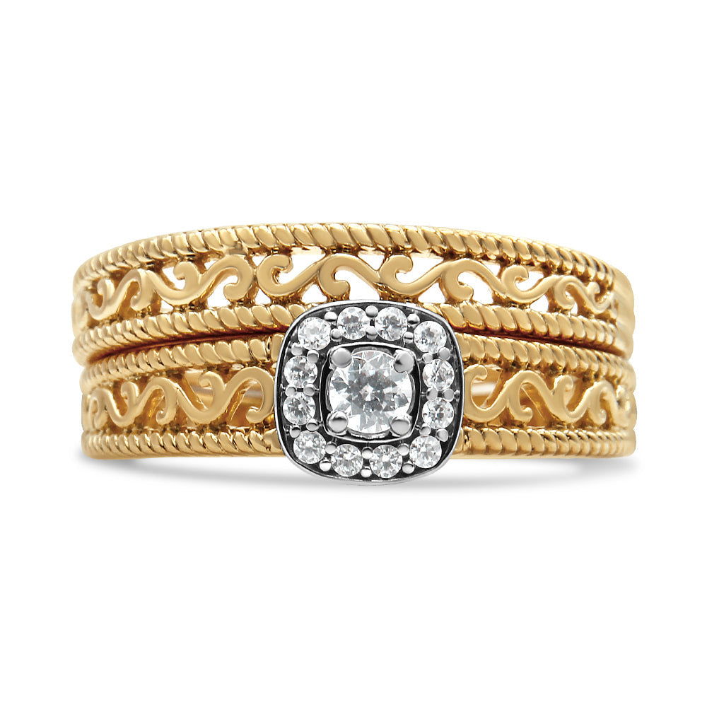 14K Yellow Gold Plated .925 Sterling Silver 1/5 Cttw Diamond Halo and Milgrain Finish Engagement Ring Bridal Set (I-J Color I3 Clarity) - Size 7