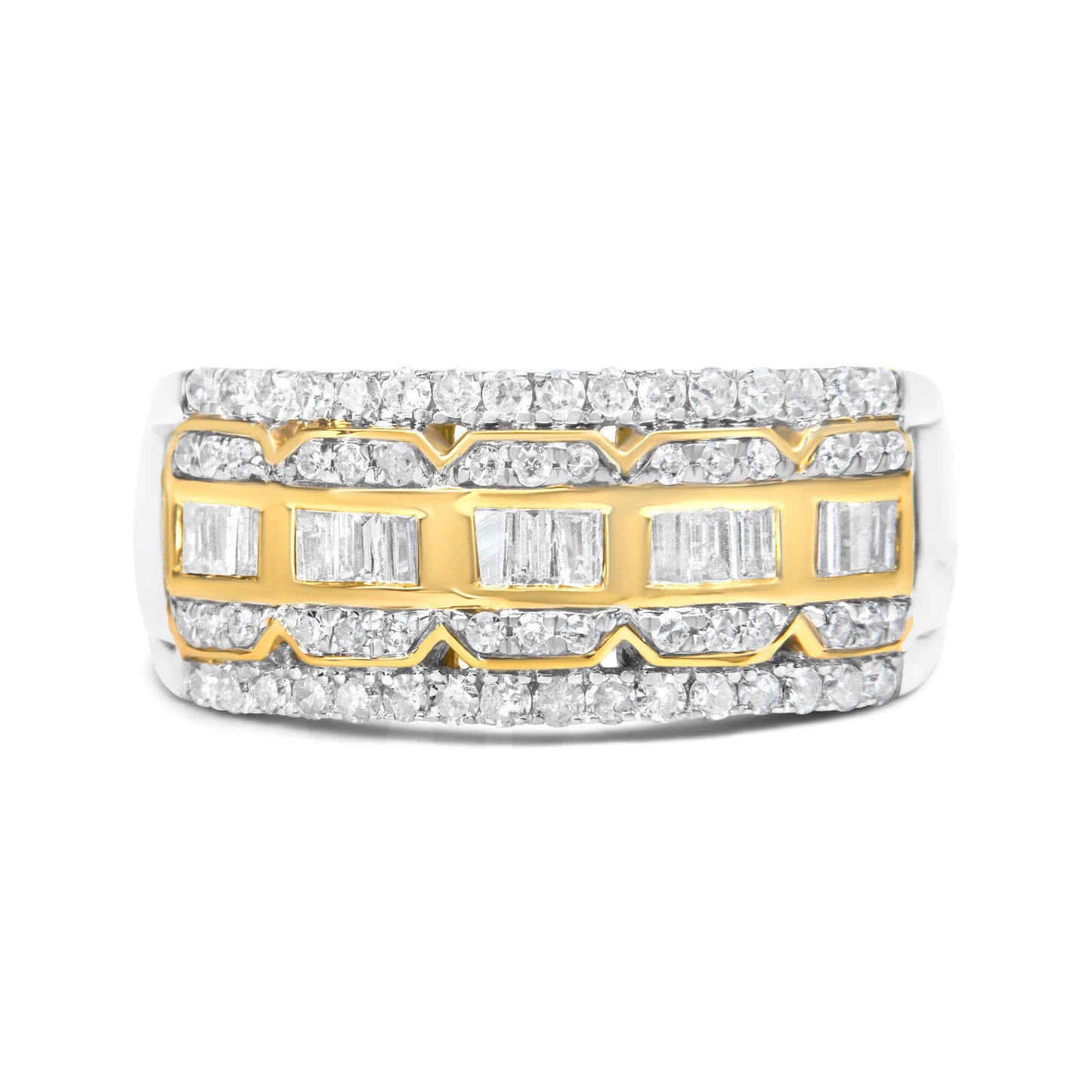 10K White and Yellow Gold 1.00 Cttw Baguette and Round cut Diamond Art Deco Multi-Row Ring Band (I-J Color, I1-I2 Clarity) - Ring Size 7