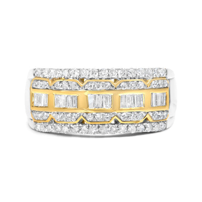 10K White and Yellow Gold 1.00 Cttw Baguette and Round cut Diamond Art Deco Multi-Row Ring Band (I-J Color, I1-I2 Clarity) - Ring Size 7