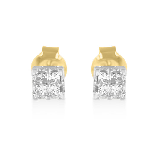 Clous d'oreilles puces en or jaune 10 carats avec diamants taille princesse (0,25 carat au total, couleur J-K, pureté I2-I3)