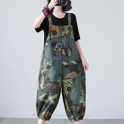 Summer Real Shot Printed Denim Slim Overalls