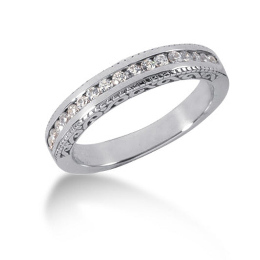 Bague de mariage sertie rail en or blanc 14 carats, style vintage et gravée de diamants