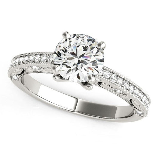 Bague de fiançailles antique en or blanc 14 carats avec diamant rond serti à griffes (1 1/8 carats au total)