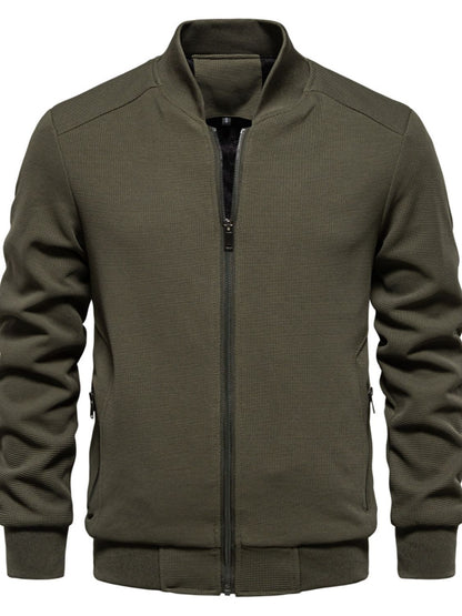 Men's Waffle Knit Baseball Collar Zip Up Jacket