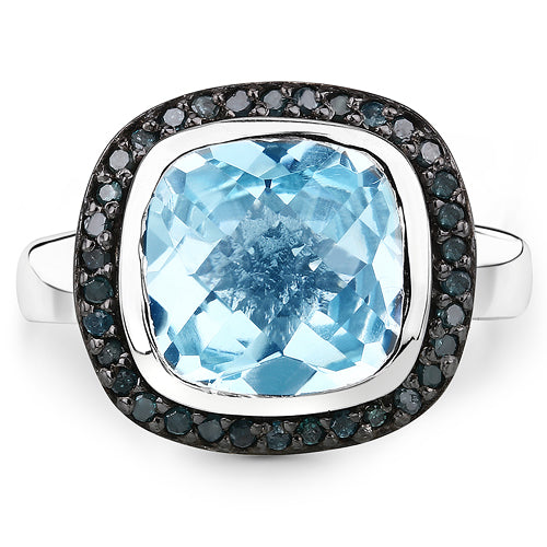 5.23 Carat Genuine Swiss Blue Topaz and Black Diamond .925 Sterling Silver Ring