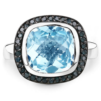 5.23 Carat Genuine Swiss Blue Topaz and Black Diamond .925 Sterling Silver Ring