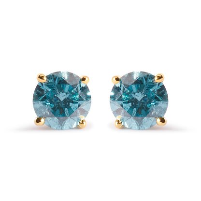 14K Yellow Gold 1.0 Cttw Treated Aqua Blue Diamond Classic Solitaire Stud Earrings (Aqua Blue Color, I2-I3 Clarity)