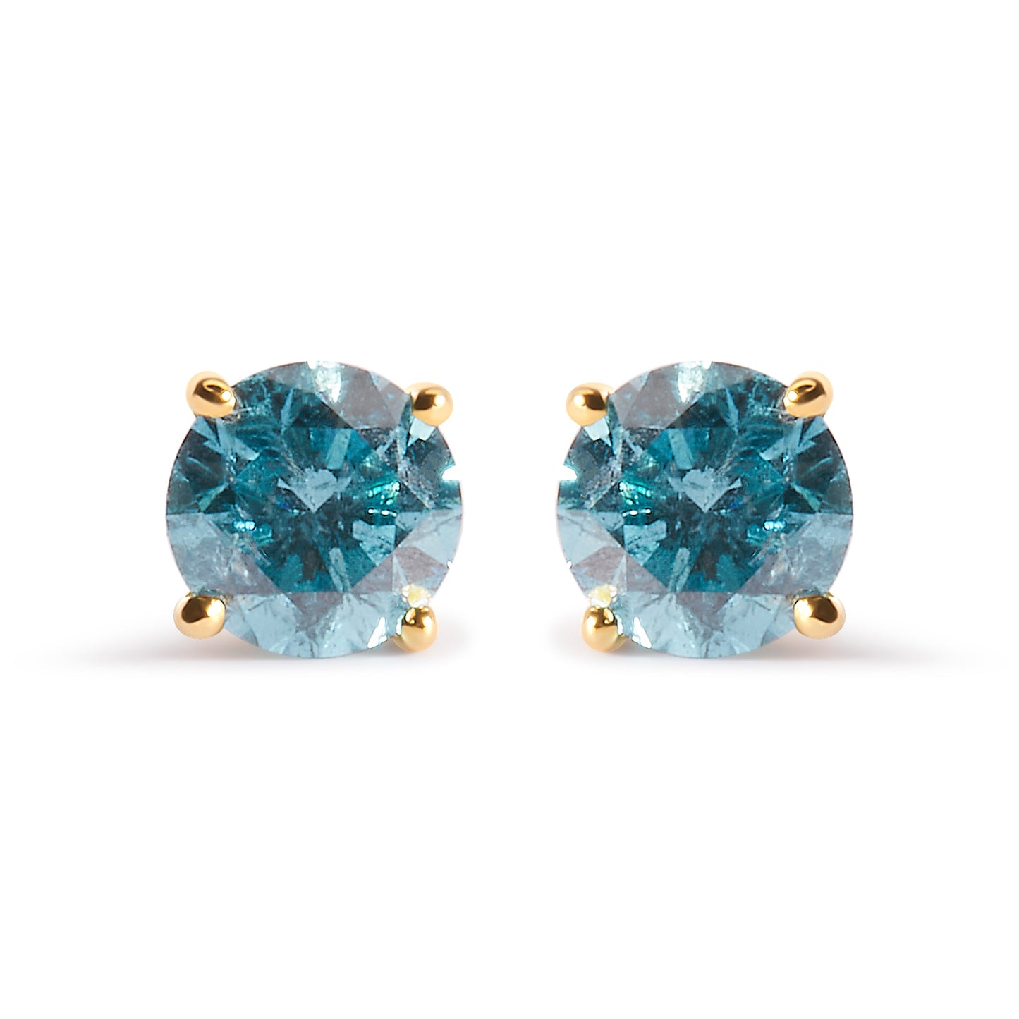 14K Yellow Gold 1.0 Cttw Treated Aqua Blue Diamond Classic Solitaire Stud Earrings (Aqua Blue Color, I2-I3 Clarity)