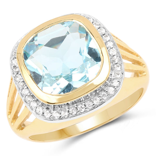 Bague en argent sterling 925 plaqué or jaune 14 carats avec topaze bleue véritable de 4,64 carats et topaze blanche