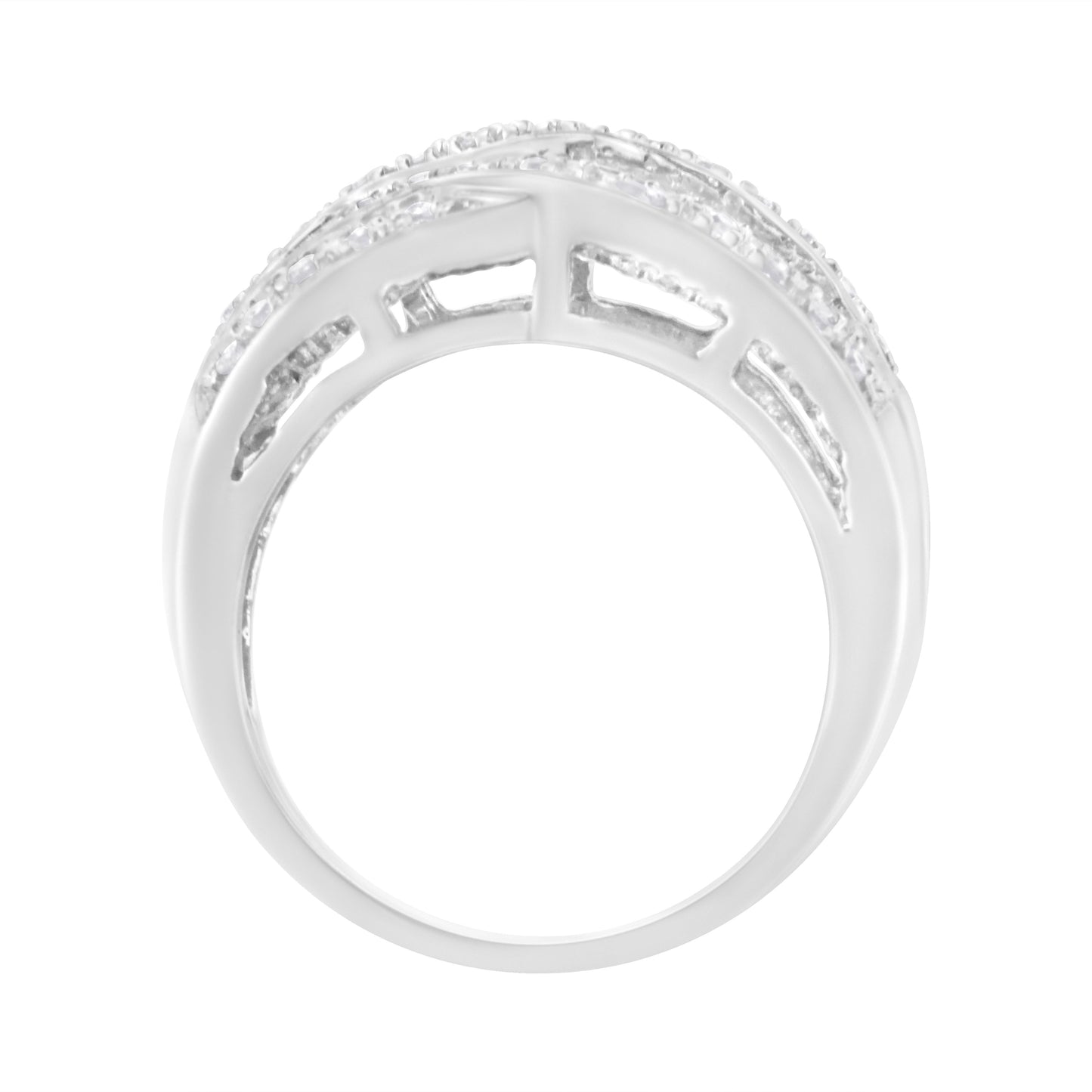 .925 Sterling Silver 1.0 Cttw Channel Set Alternating Round and Baguette Diamond Cross-over Bypass Ring Band (I-J Color, I2-I3 Clarity) - Size 7