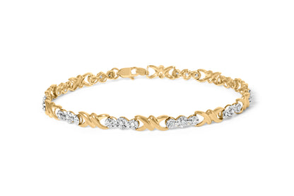 10k Yellow Gold 1/3 Cttw Diamond 3 Stone and X-Link Bracelet (I-J Color, I1-I2 Clarity) - 7.50" Inches