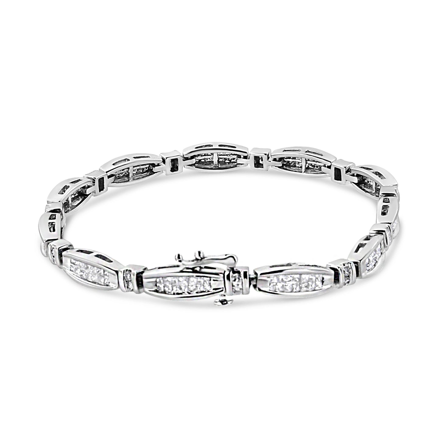 14K White Gold 2.0 Cttw Princess and Round Diamond Bar and Link Bracelet (I-J Color, I1-I2 Clarity) - 7.25" Inches